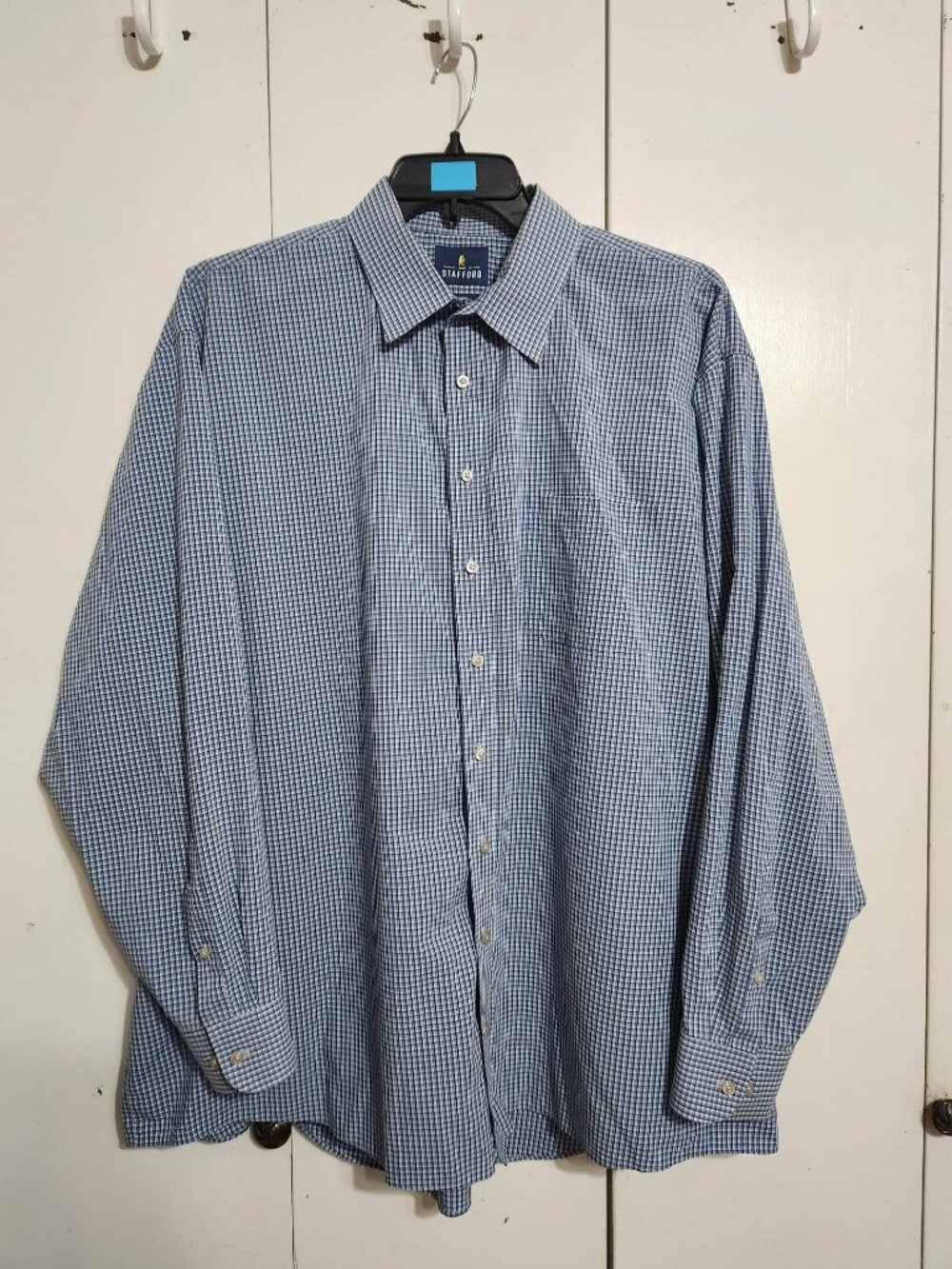 Stafford Travel Performance Dress Shirt Men 19 36-37 Blue Plaid Check Big & Tall